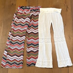 Boho Chevron Multicolor Palazzo & White Crochet-Trim Pants Duo